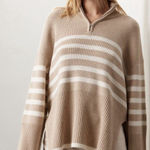 Rails  Sweater Tessa 1/4 Zip Striped Rib Knit Wool Blend Cream Neutral Size M Photo 0