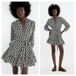 ZARA  Black Cream Mini Dress XS Abstract Print Ruffle Hemline 3/4th Puff Sleeves Photo 2