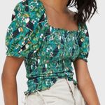 Anthropologie Dolan Teal Smocked Puff Sleeve Toucan Top Size Medium Tropical Vacation Photo 0