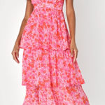 Lulu's Vibrant Pink Floral Midi Dress Size XL Photo 0