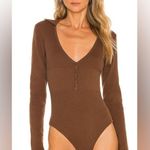 Bardot Collar Button Ribbed Brown Bodysuit, Size Small Photo 1