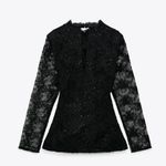 ZARA Black Sheer Mesh Lace Blouse with Sequins Photo 4