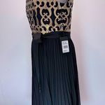Adrianna Papell Black Dress with Gold Appliqué Bodice Pleated Mesh Overlay Skirt Photo 2