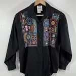 Vtg.TOGETHER! Black Button Up Shirt Medium‎ Embroidered Boho Ethnic Folk Artsy Photo 0