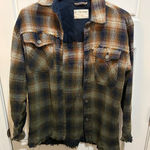 Free People  Oversized Plaid Flannel Shacket Distressed Raw Hem Button Down Photo 0