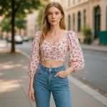 ZARA  White Colorful Floral Fairy Boho Smocked Tie Back Linen Blend Crop Top Photo 2