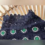 J.Crew Navy & Green Floral Crochet Lace Blouse Cap Sleeve Preppy Classic Sz M Photo 2