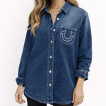 True Religion  Crystal Denim Button Up Shirt Western Rhinestone Cowgirl Photo 0