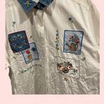 Cute cottagecore floral garden embroidered denim white button front blouse Blue Size 1X Photo 2