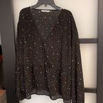 Popsugar Magnificent Black with white pink and red Heart print Crossover peplum top EUC Photo 0