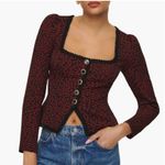 Reformation NWT Nikky Lace Trim Button Long Sleeve Top French Kiss Black Red 2 Photo 0
