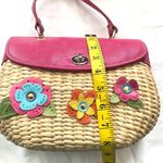 Pink and cream woven straw wicker floral hand bag purse satchel Measurement in pictures Photo 5