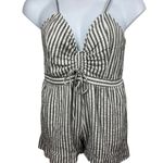American Eagle  Gray White Striped Rouched Bow Deep V-neck Textured Romper XL Photo 0