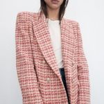 ZARA TWEED WEAVE TEXTURED DOUBLE BREASTED BLAZER RED/WHITE SIZE L NEW Photo 5
