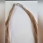 Beige Leather Cord and Pink Pearl Tassel Short Necklace Magnetic Closure Tan Photo 4