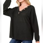 Zenana  Buttoned Long Sleeve Blouse Black Top Vneck Lightweight Waffle Plus Sz 2X Photo 0