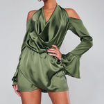 Pretty Little Thing New Khaki Satin Cowl Cold Shoulder Bodycon MiniDress Green 4 Photo 0