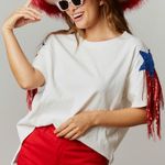 Fantastic Fawn Sequin Shoulder Star White Cotton Short Sleeve Tee Photo 0