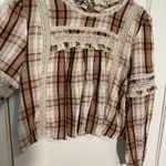 American Eagle Outfitters Brown Plaid Lace Blouse Photo 3