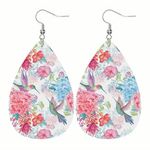 Pink Flower & Hummingbird Pattern Drop Earrings‎ Lightweight Faux Leather Photo 0