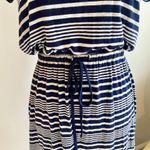 Olive & Oak  Navy Blue and Gray Striped Elastic Tie Waist Knit Dress Photo 2