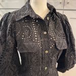 Ganni  Black Eyelet Puff Sleeve Button Up Mini Shirt Dress Size 38 Photo 11