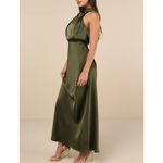 Lulus NWT Women's Distinctive Charm Olive Green Satin Asymmetrical Maxi Dress L Photo 2
