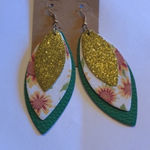 Layered Fabric Green Gold Glitter Sun Flower Pierced Earrings Photo 2