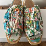 NEW Beklina Open Toe Clog Gathered Wedge Slide Sandal Wooden Floral Print Sz 6.5 Blue Photo 4