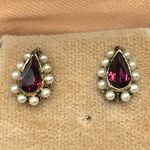 Vintage Pear Cut Amethyst Rhinestone Earrings w Seed Pearl Halo Original Box Purple Photo 1