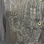XCVI  Button Up Embroidered Long Roll Tab Sleeve Charcoal Sheer Viscose Blouse L Photo 6