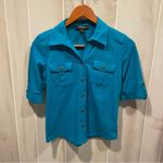 Style & Co Cute aquamarine lightweight roll sleeve pockets button front cotton top soft Photo 5