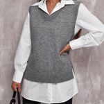 SheIn New Solid Gray Oversized V-Neck Layering Sweater Vest Size Medium Photo 0
