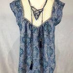 Rewind Blue and white crochet lace boho peasant top size large Photo 0