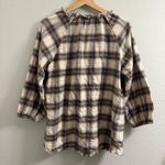 Belle by Kim Gravel Plaid Keyhole Blouse Peasant Top Oversized Brown Size Small Photo 1