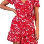 Women's Red Floral Wrap Mini Dress Short Sleeve Size S Casual Photo 0