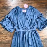Kate Spade  • Belted Satin Midi Dress ruffle trim short sleeve Antique Blue Photo 3