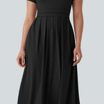 Halara  Stand Collar Short Sleeve Pocket Flare Maxi Dress Black Photo 0