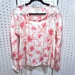 Como Blu Womens White Pink Floral Lace Trim Tie Neck Long Sleeve Blouse Rayon S Photo 1