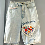 Vintage 90s Jou Jou Heartbreaker Denim Jean Shorts Lace Trim & Heart Patch 9/10 Blue Photo 0