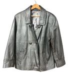 Chicos Womens Metallic Genuine Leather Jacket Size XL Silver Maximalist Mob Wife Photo 0