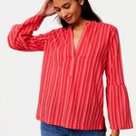 Loft Ann Taylor  The Softened Shirt‎ Red White Striped Bell Sleeve Tunic Top - M Photo 2