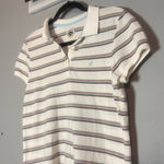 Old Navy Vintage  Polo Shirt Striped Cream Brown Green Blue Womens Size Large Y2K Photo 0