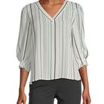 Worthington Womens 3/4 Sleeve Textured striped Pleat VNeck Top PL Photo 0