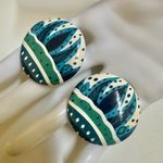 Blue white and green hand painted round post earrings Photo 1