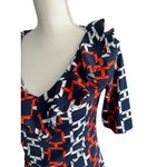 Tracy Negoshian Orange Navy Blue Ruffle V Neck Dress Size XS Photo 4
