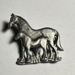 Signed Torino USA Mother Pony Horse With Foal Brooch Pin Pewter Tone Metal Photo 0