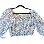 Cynthia Rowley linen cropped tie neck blouse blue toile Small Photo 7