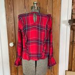 Kensie   Long Bell Sleeve Red Shoulder Ruffle Plaid Blouse Women’s Size Medium Photo 5