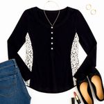 Andrea Jovine Black Long Sleeve Henley Top Contrast White Rose Lace Panels Sz S Photo 11